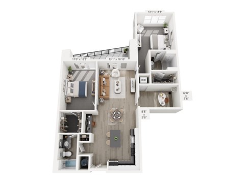 The Shadow floor plan at Contrast OTR in Cincinnati’s Over-the-Rhine is a two-bedroom, two-bath with open layout, modern finishes, and in-unit laundry—perfect for downtown living near TQL Stadium.